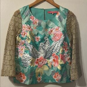 Pink and Gold Graphic Boxy Blouse with 3/4 Sleeves